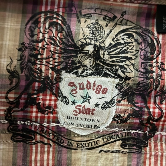 Indigo Star Vintage Button Down Shirt Short Sleeve Cotton Plaid BackRodeoPrint S - Picture 13 of 16